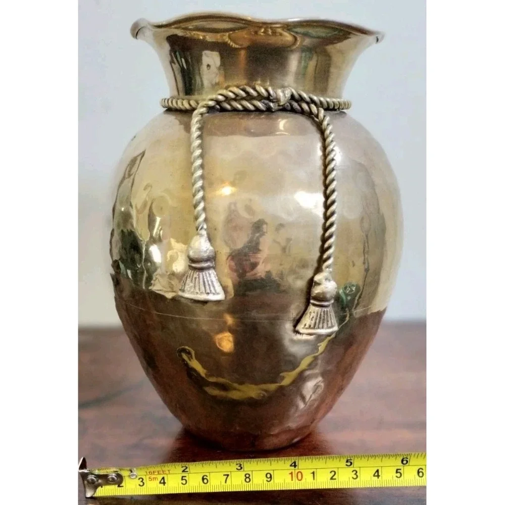 Vintage Hammered Brass Vase with Rope & Tassel Detail  Bohemian  MCM Decor